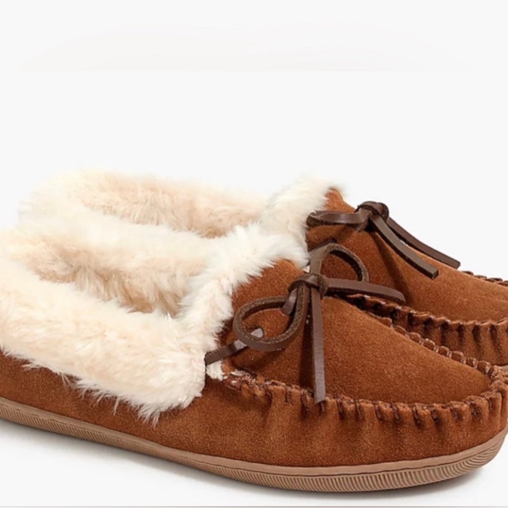 J Crew suede shearling moccasin slippers  size 10